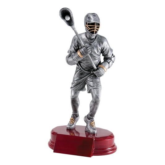 Silver male lacrosse player trophy with stick raised on a rosewood-finish base, 9 inch