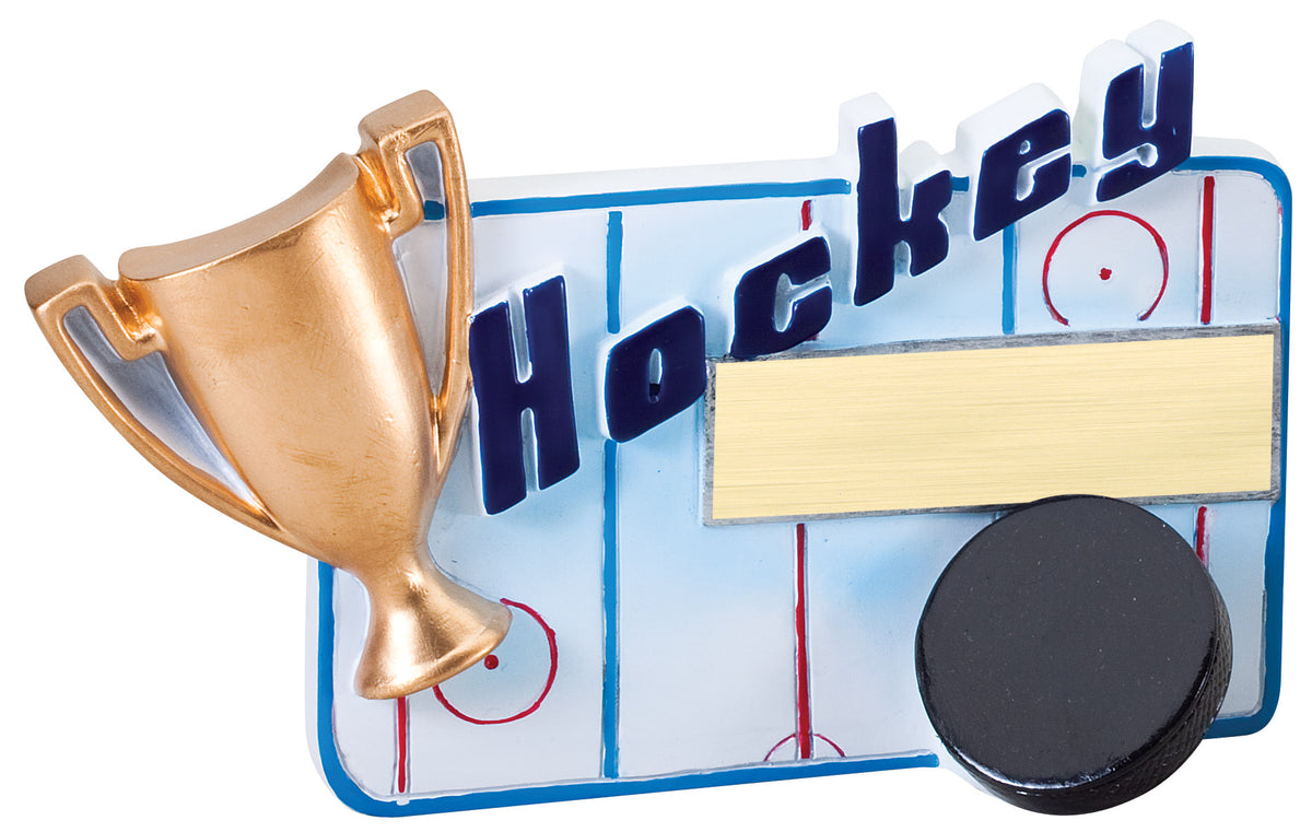 Hockey rink winners cup award with 3-D puck and gold cup