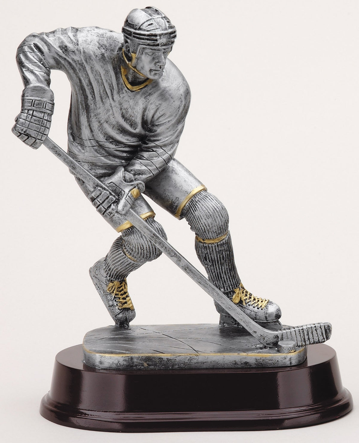 Silver ice hockey player trophy, 8 inch, on rosewood-finish base