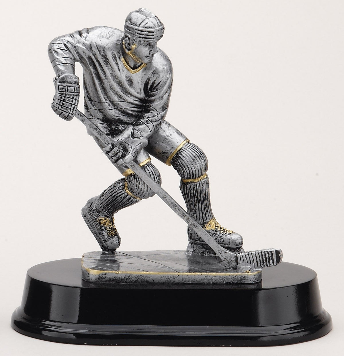 Silver ice hockey player trophy, 6 inch, on rosewood-finish base