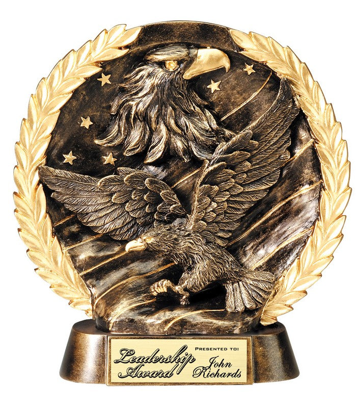 Round bronze-finish relief plate with eagle and flag and engraving plate