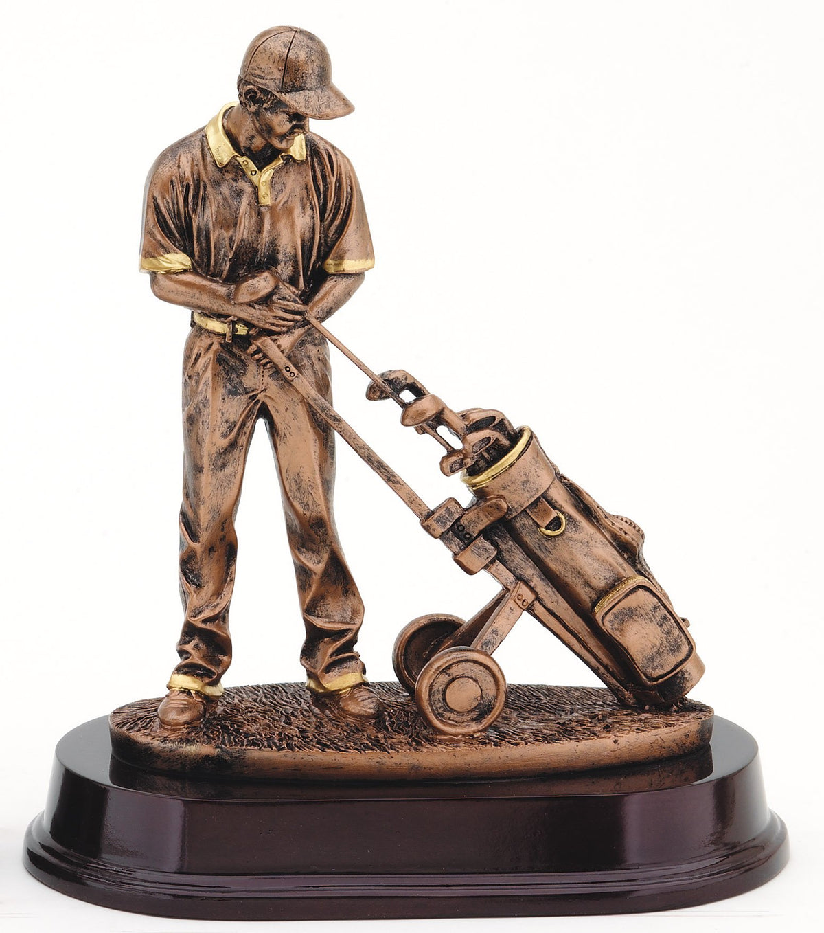 Bronze-finish golfer with a pull cart