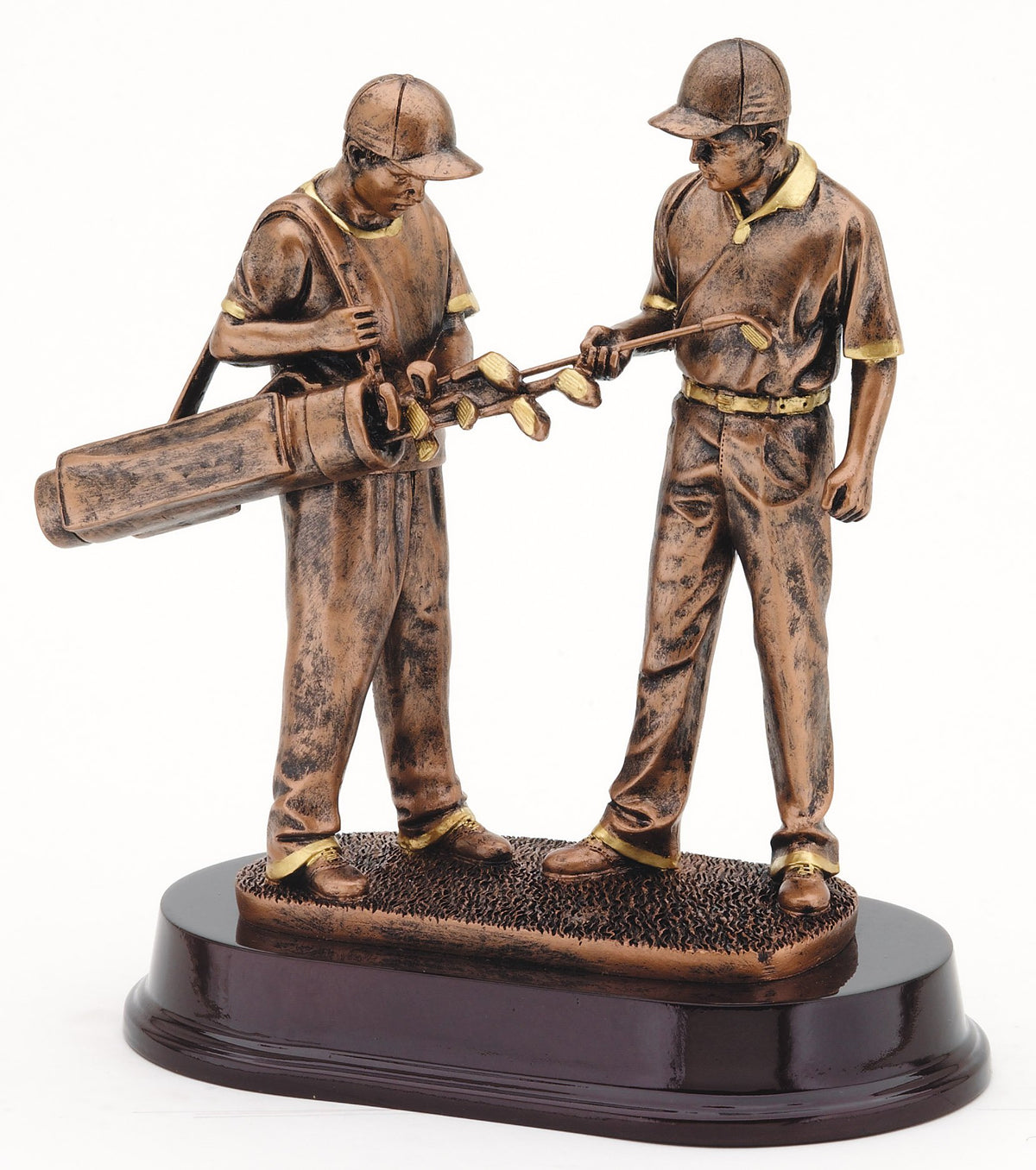 Bronze-finish golfer with caddie