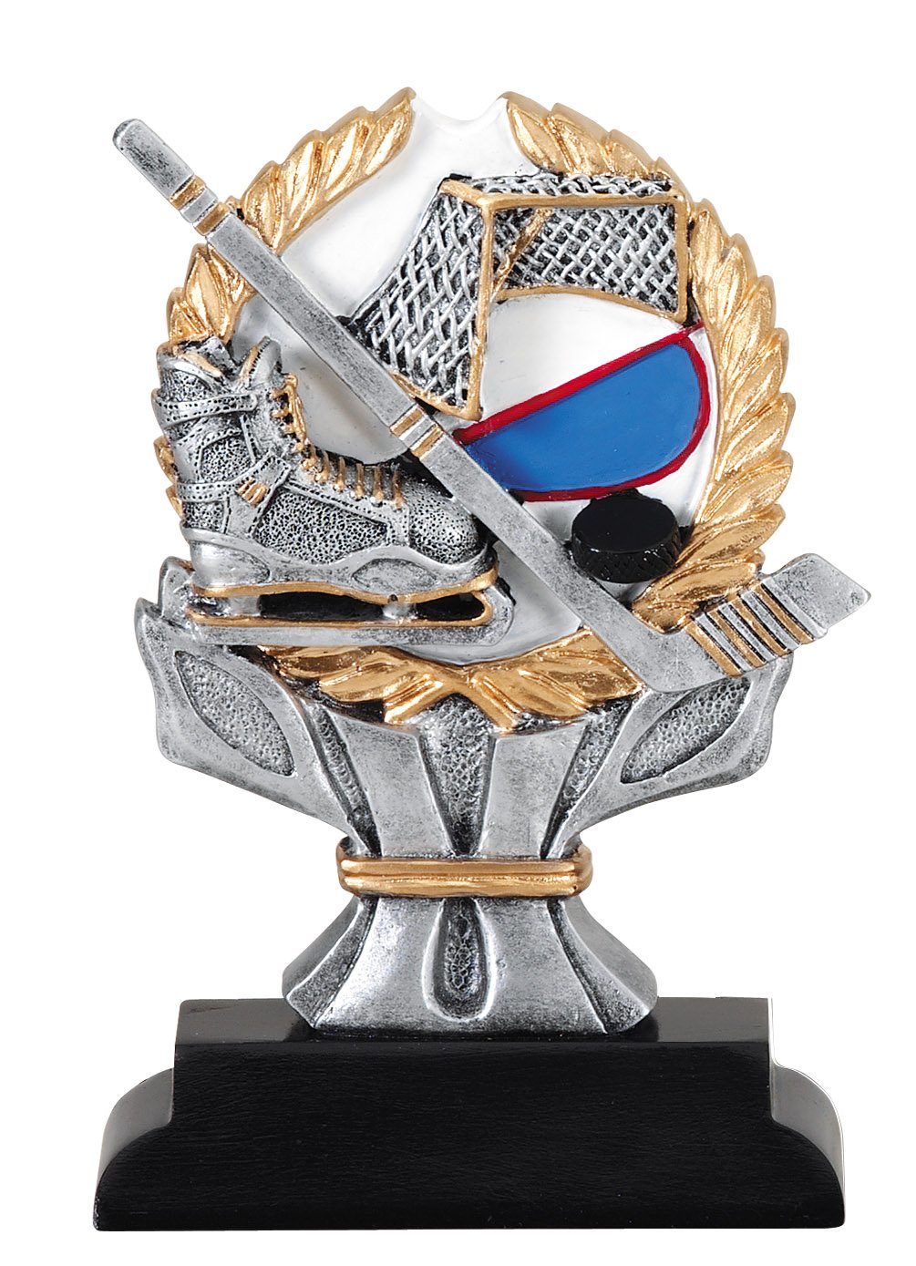 Hockey Impact trophy with net, sticks, skate and puck in silver and gold