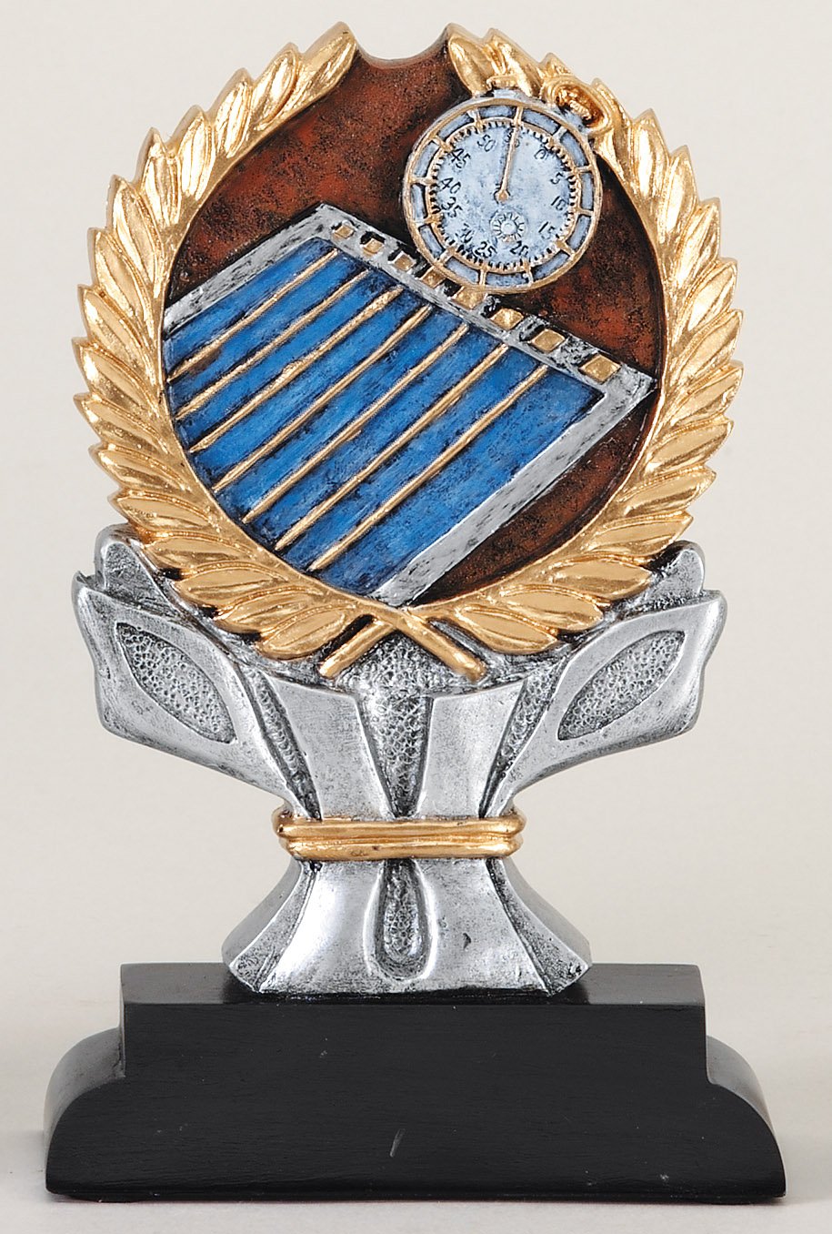 Swimming impact trophy with full-color pool and pace clock in a gold laurel wreath