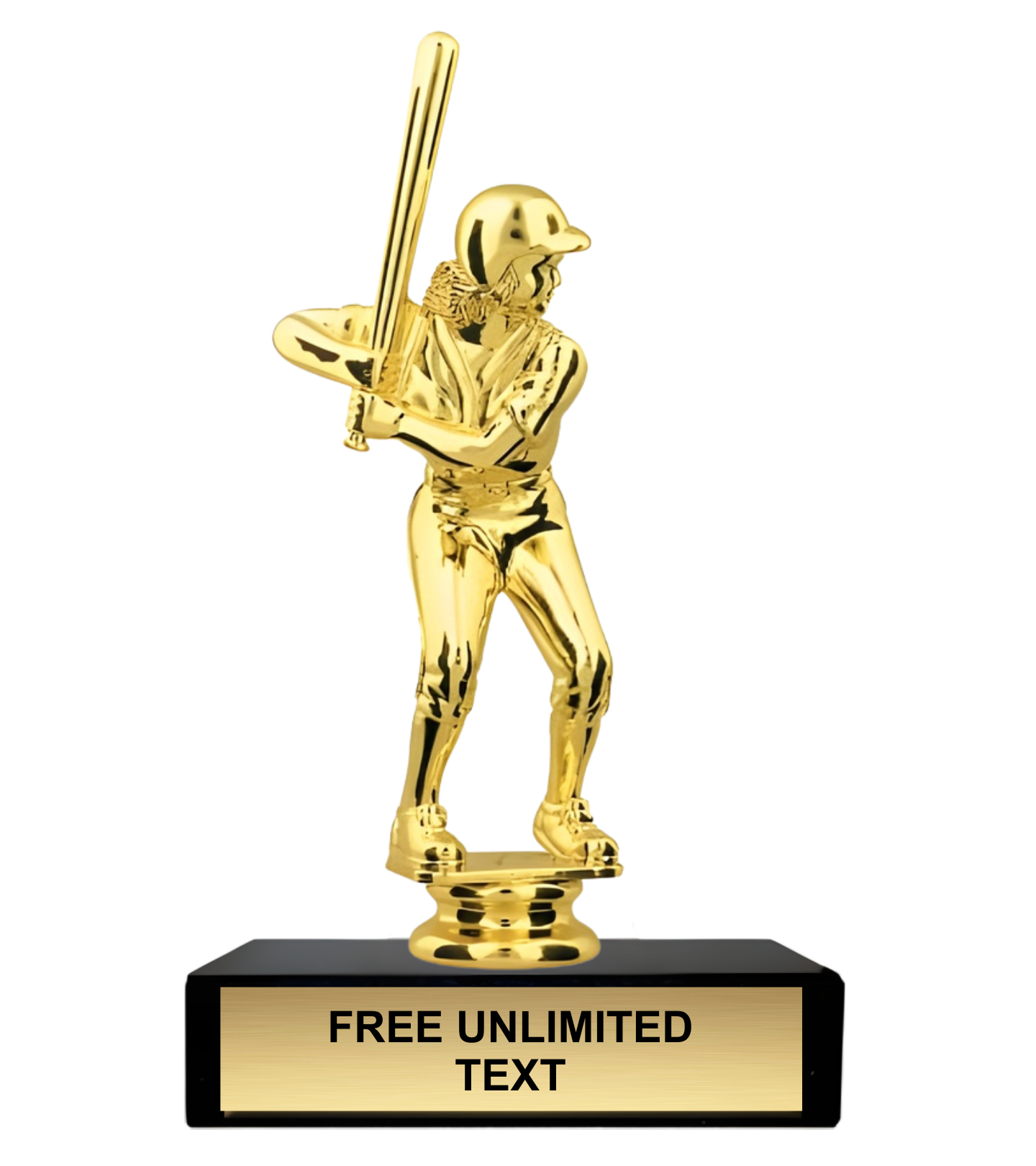 Gold trophy figure of a female softball player with a bat on a black base, text 'FREE UNLIMITED TEXT' on the base.
