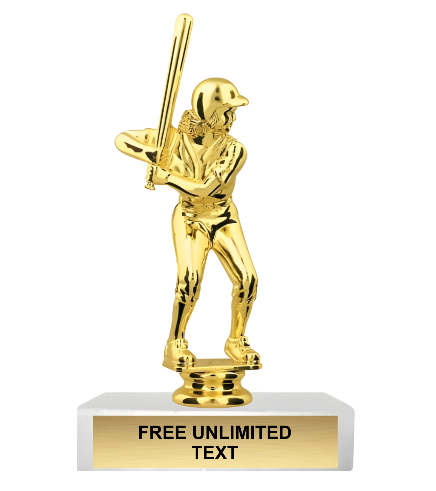 Gold trophy figure of a female softball player with a bat on a white base