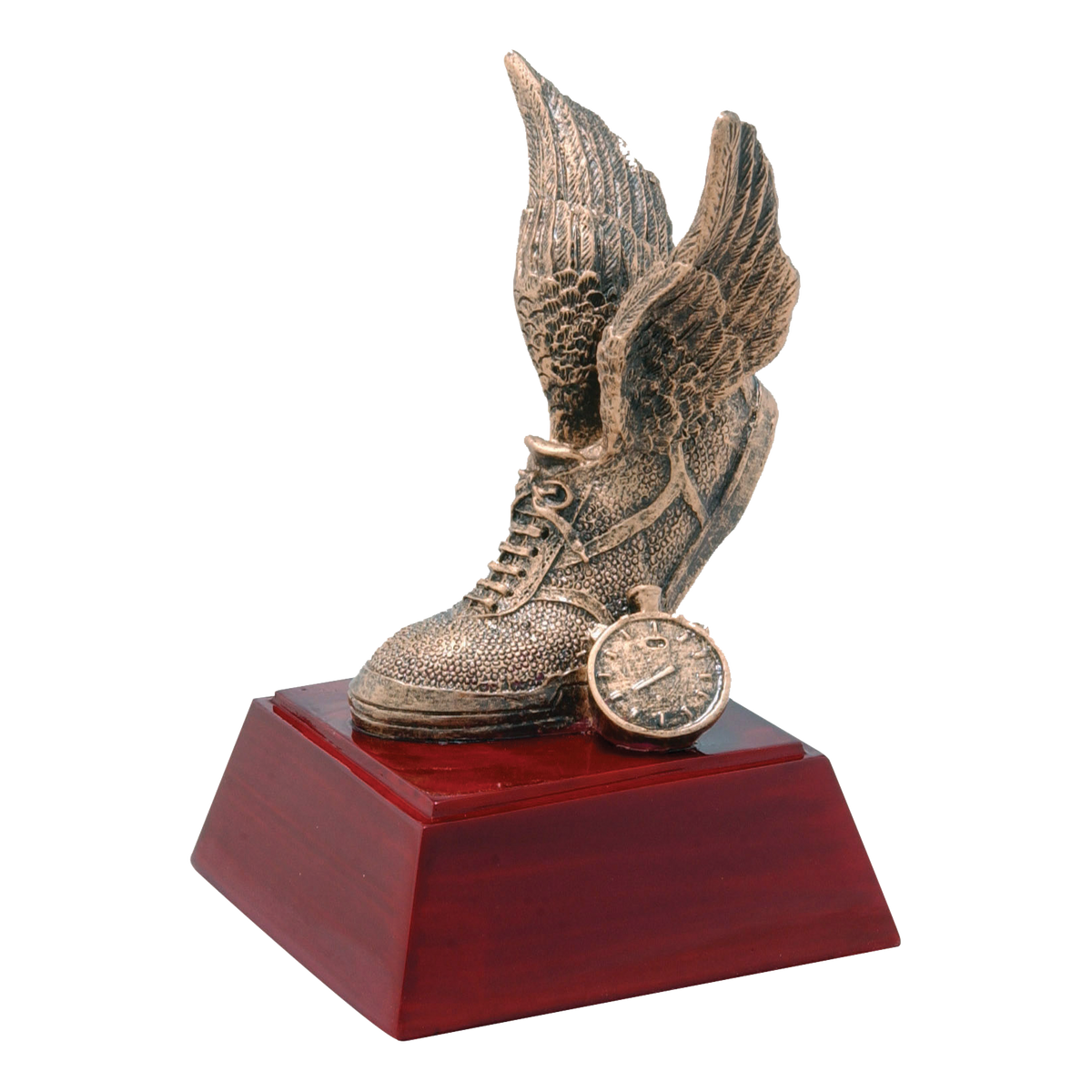 Bronze-tone winged track shoe and stopwatch trophy on a rosewood-finish base