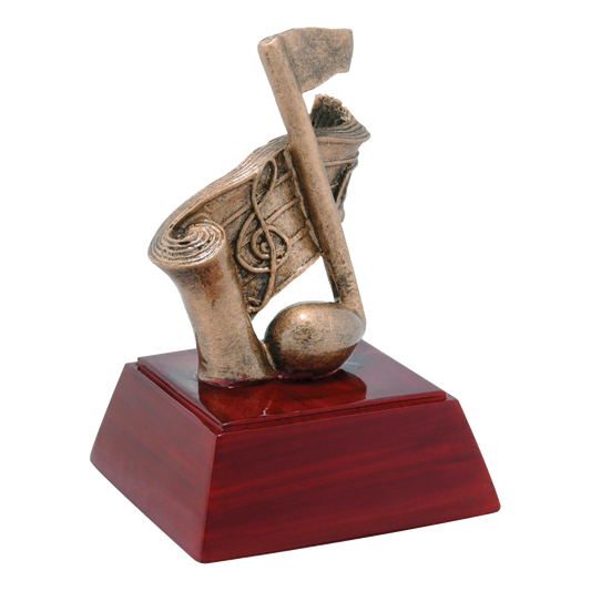 Bronze-tone music note and sheet music trophy on a rosewood-finish base