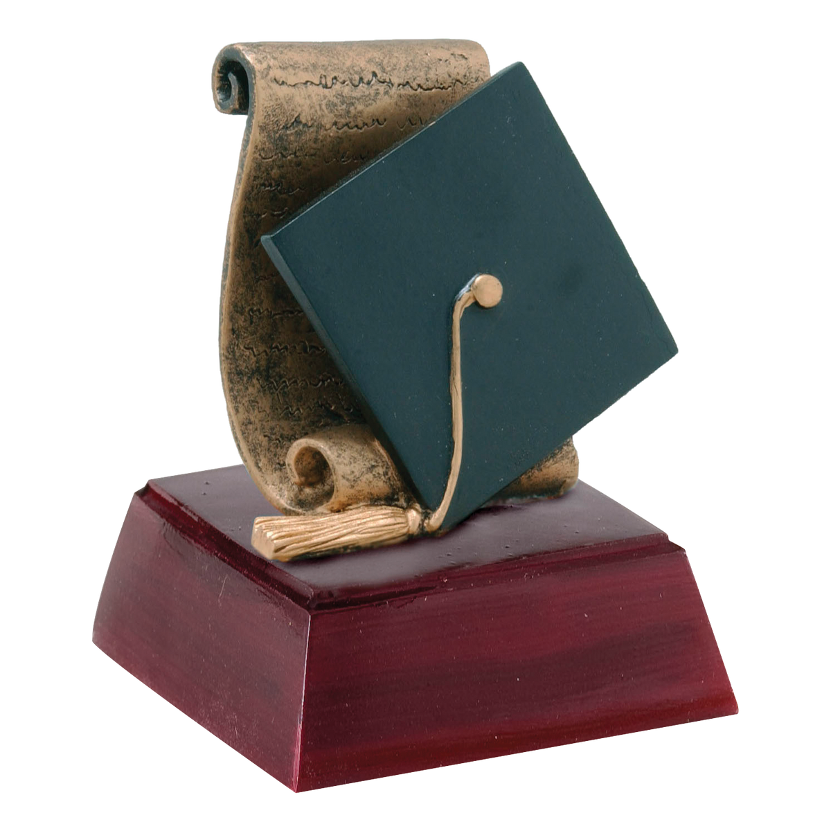 Graduation trophy with a green mortarboard and diploma scroll on a rosewood-finish base