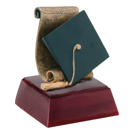 Graduation trophy with a green mortarboard and diploma scroll on a rosewood-finish base