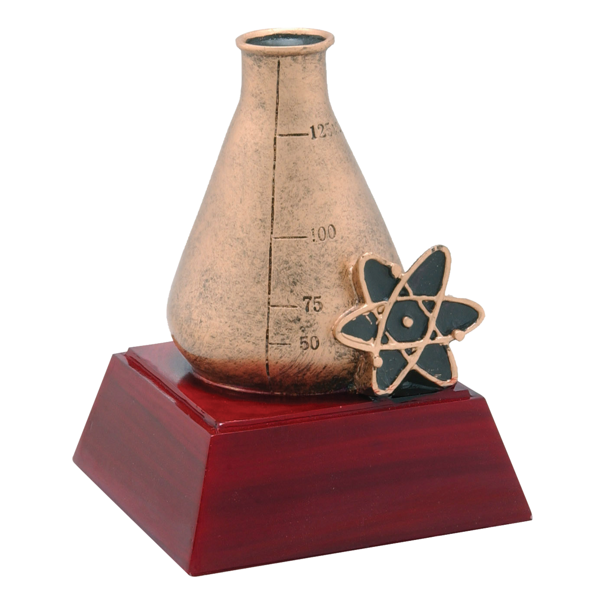 Bronze-tone science trophy with a lab beaker and atom on a rosewood-finish base