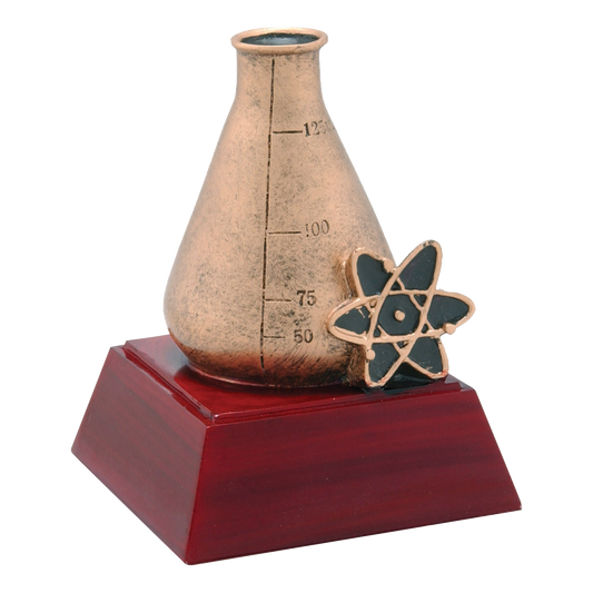 Bronze-tone science trophy with a lab beaker and atom on a rosewood-finish base