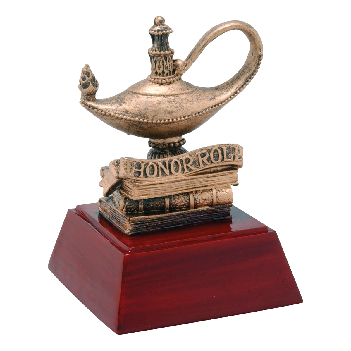 Honor roll trophy with a lamp of knowledge on books marked HONOR ROLL on a rosewood-finish base