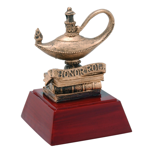 Honor roll trophy with a lamp of knowledge on books marked HONOR ROLL on a rosewood-finish base