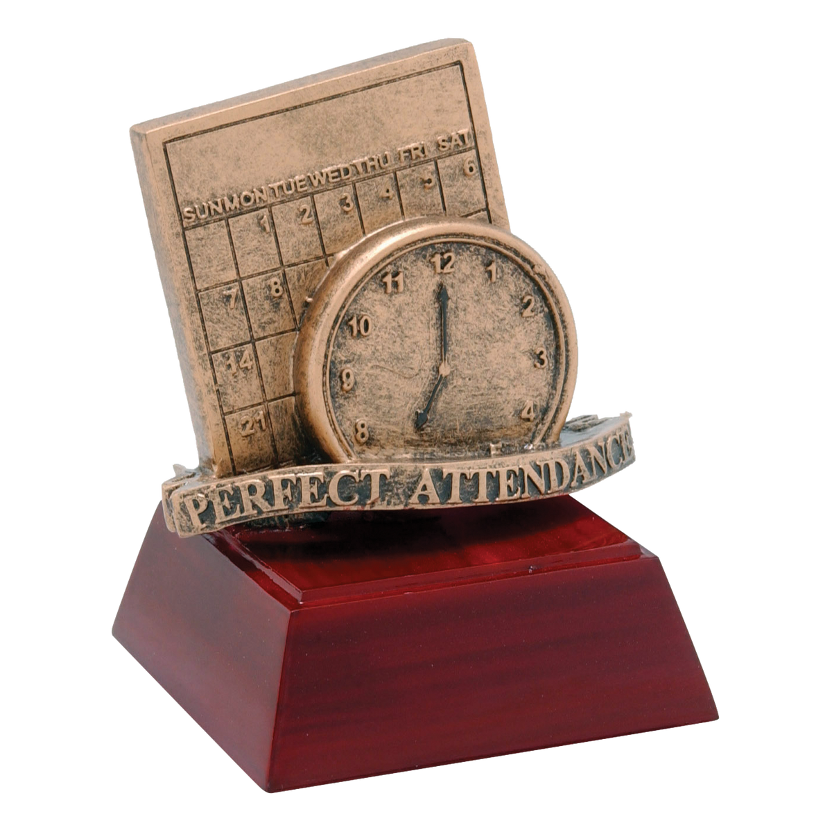 Perfect attendance trophy with a calendar, clock and banner on a rosewood-finish base
