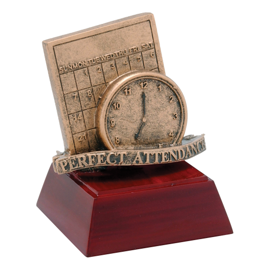 Perfect attendance trophy with a calendar, clock and banner on a rosewood-finish base