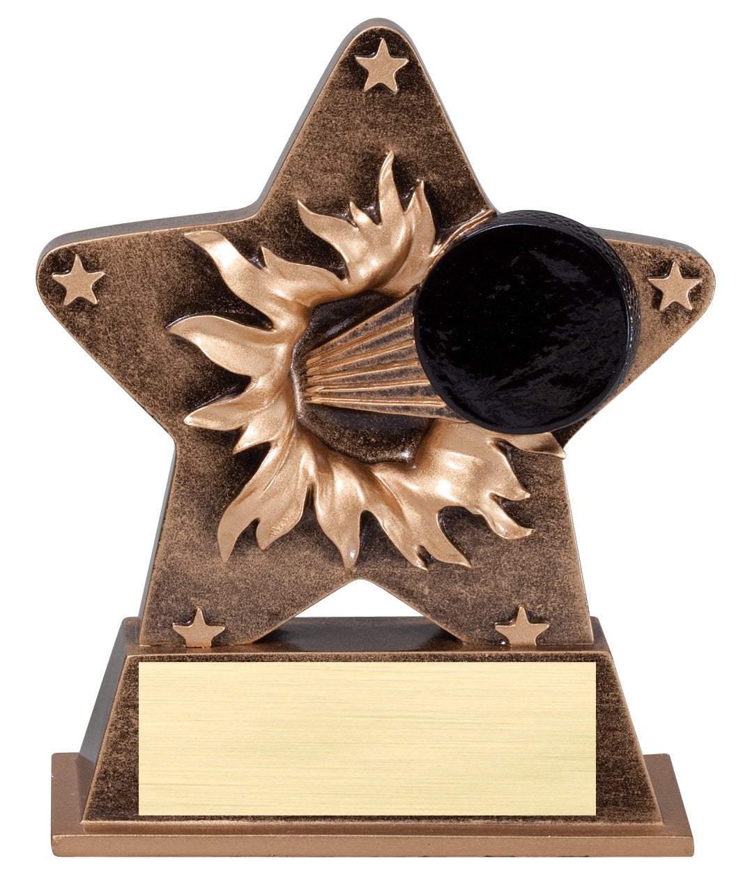 StarBurst hockey trophy, puck in gold sunburst inside bronze star