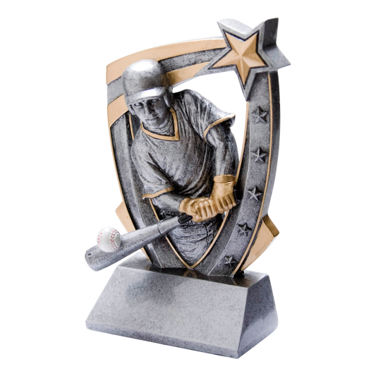 Pewter and gold resin baseball trophy with a batter figure bursting from a star-studded backdrop, on an angled base with a blank engraving face