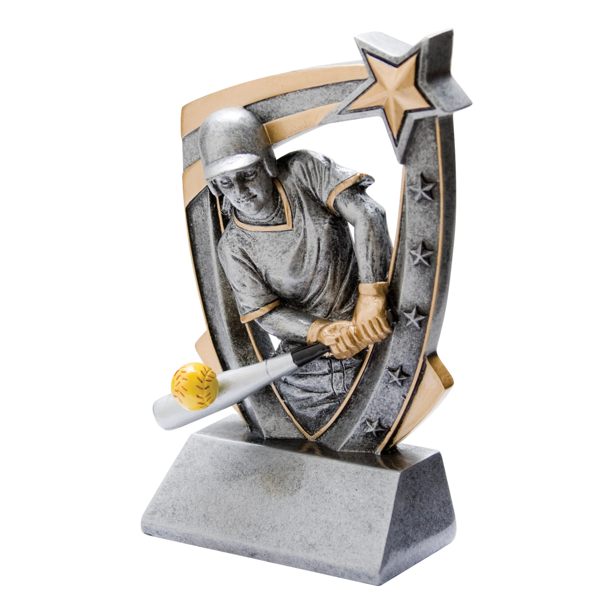Pewter and gold resin softball trophy with a player figure bursting from a star-studded backdrop, on an angled base with a blank engraving face