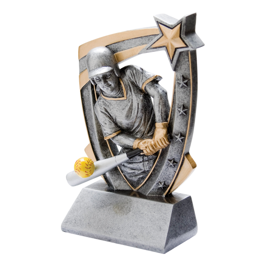 Pewter and gold resin softball trophy with a player figure bursting from a star-studded backdrop, on an angled base with a blank engraving face