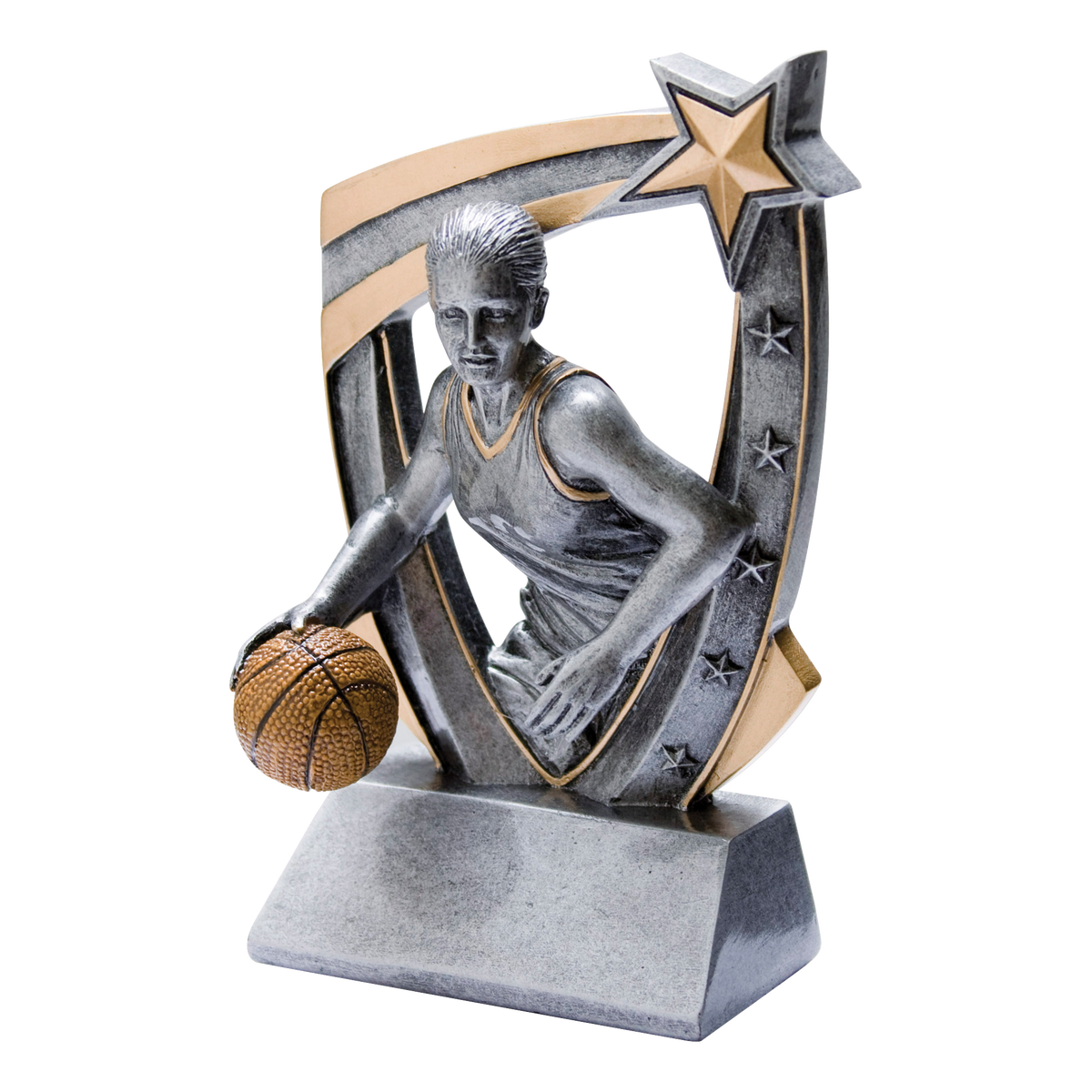 Pewter and gold resin basketball trophy with a female player figure bursting from a star-studded backdrop, on an angled base with a blank engraving face