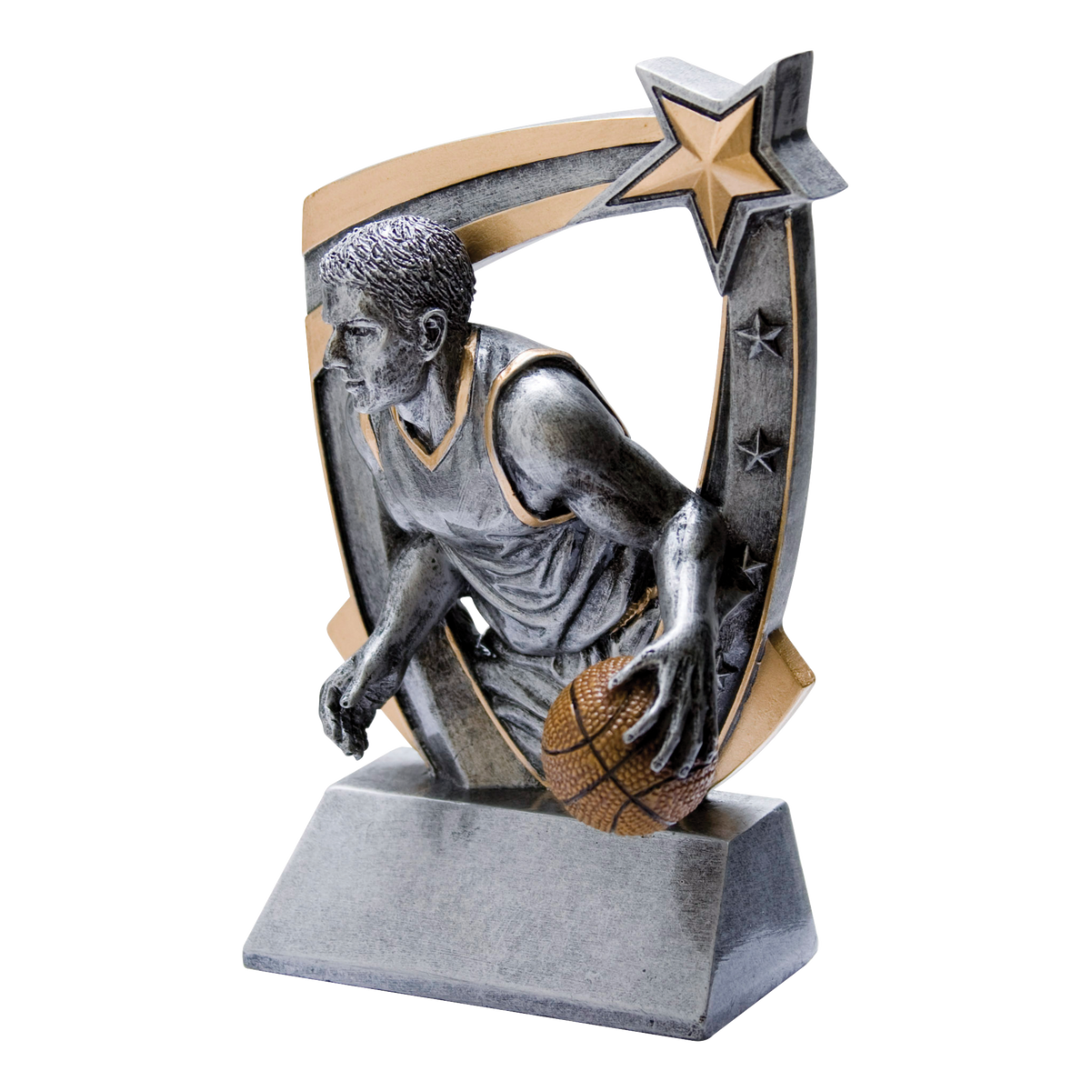 Pewter and gold resin basketball trophy with a male player figure bursting from a star-studded backdrop, on an angled base with a blank engraving face
