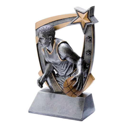 Pewter and gold resin basketball trophy with a male player figure bursting from a star-studded backdrop, on an angled base with a blank engraving face