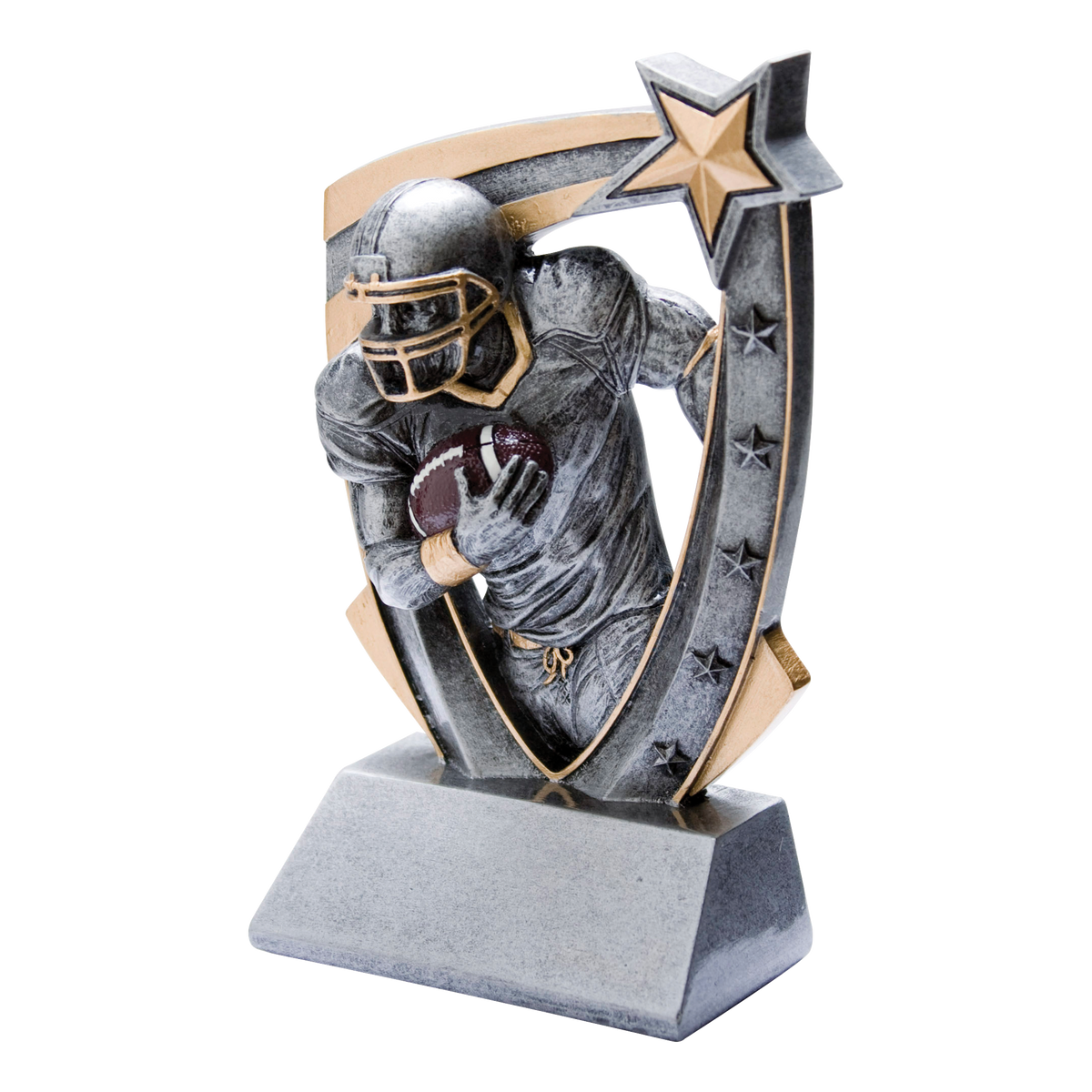 Pewter and gold resin football trophy with a player figure in a helmet bursting from a star-studded backdrop, on an angled base with a blank engraving face
