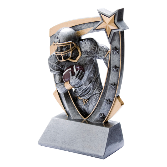 Pewter and gold resin football trophy with a player figure in a helmet bursting from a star-studded backdrop, on an angled base with a blank engraving face