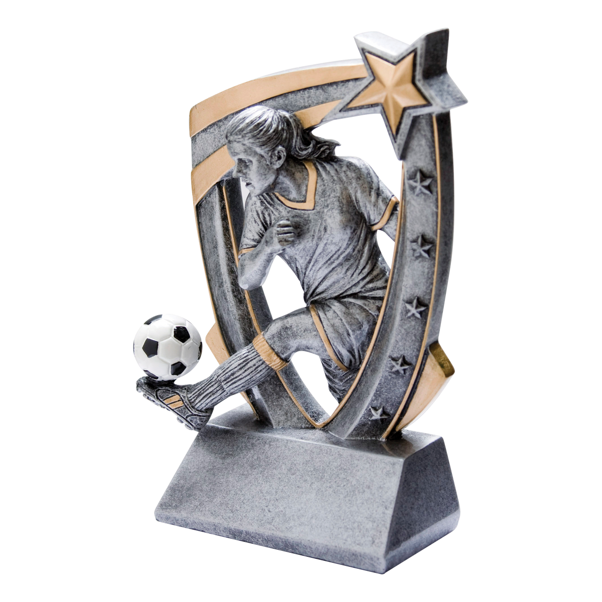 Pewter and gold resin soccer trophy with a female player figure bursting from a star-studded backdrop, on an angled base with a blank engraving face