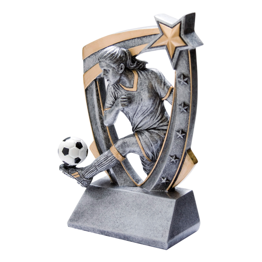Pewter and gold resin soccer trophy with a female player figure bursting from a star-studded backdrop, on an angled base with a blank engraving face