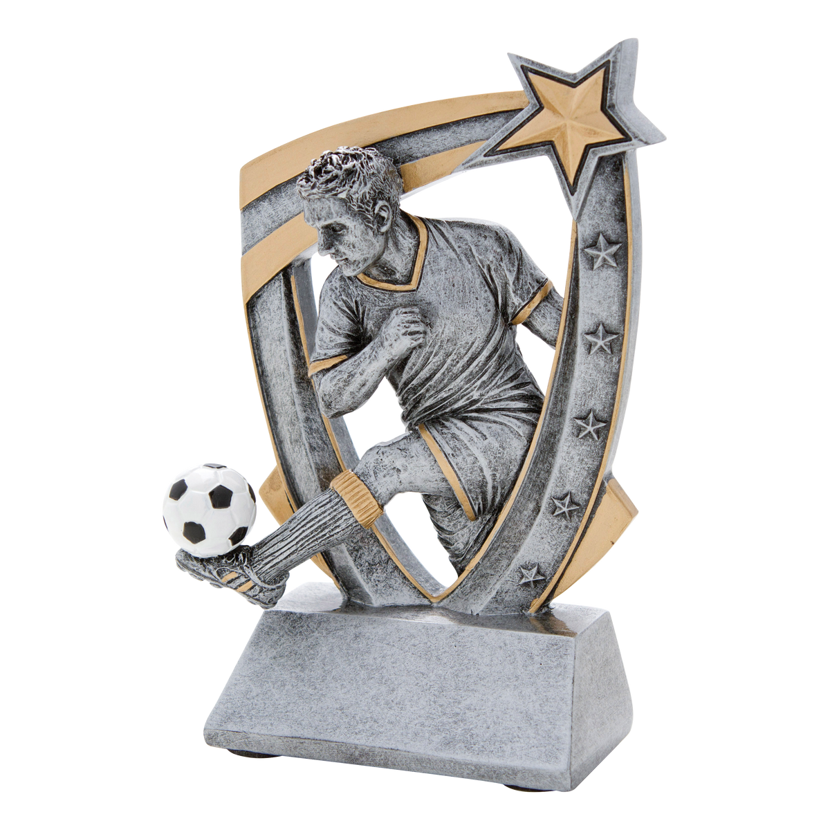 Pewter and gold resin soccer trophy with a male player figure bursting from a star-studded backdrop, on an angled base with a blank engraving face