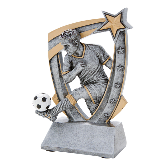 Pewter and gold resin soccer trophy with a male player figure bursting from a star-studded backdrop, on an angled base with a blank engraving face