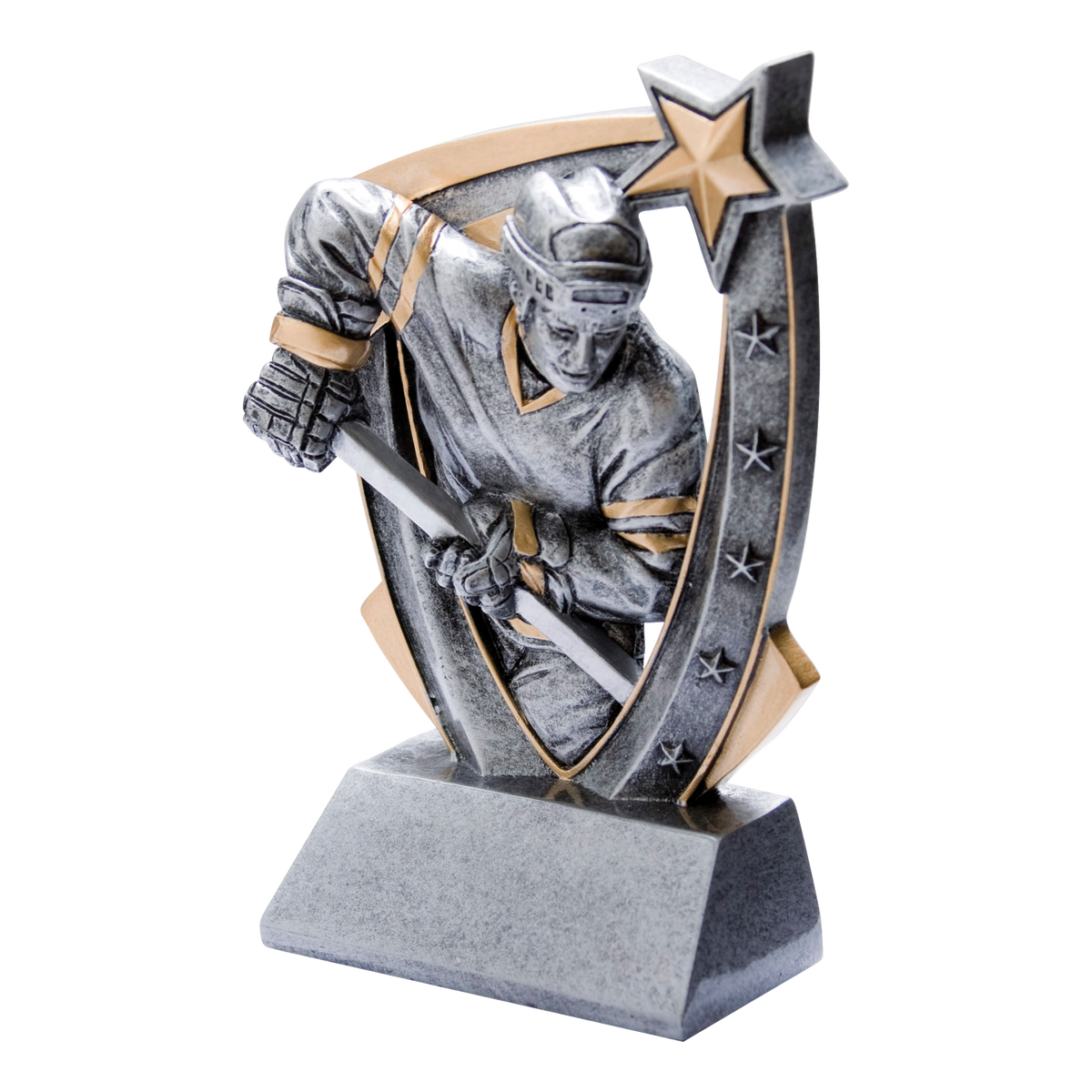 Pewter and gold resin hockey trophy with a skater figure winding up to shoot, bursting from a star-studded backdrop on an angled base with a blank engraving face