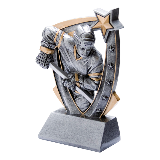 Pewter and gold resin hockey trophy with a skater figure winding up to shoot, bursting from a star-studded backdrop on an angled base with a blank engraving face