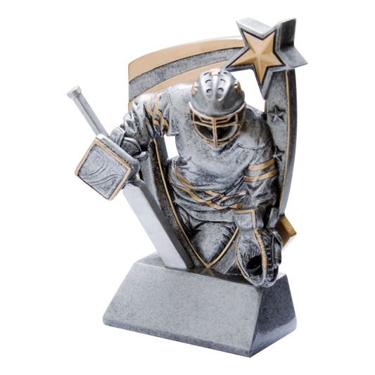 Pewter and gold resin hockey trophy with a goalie figure in pads bursting from a star-studded backdrop, on an angled base with a blank engraving face