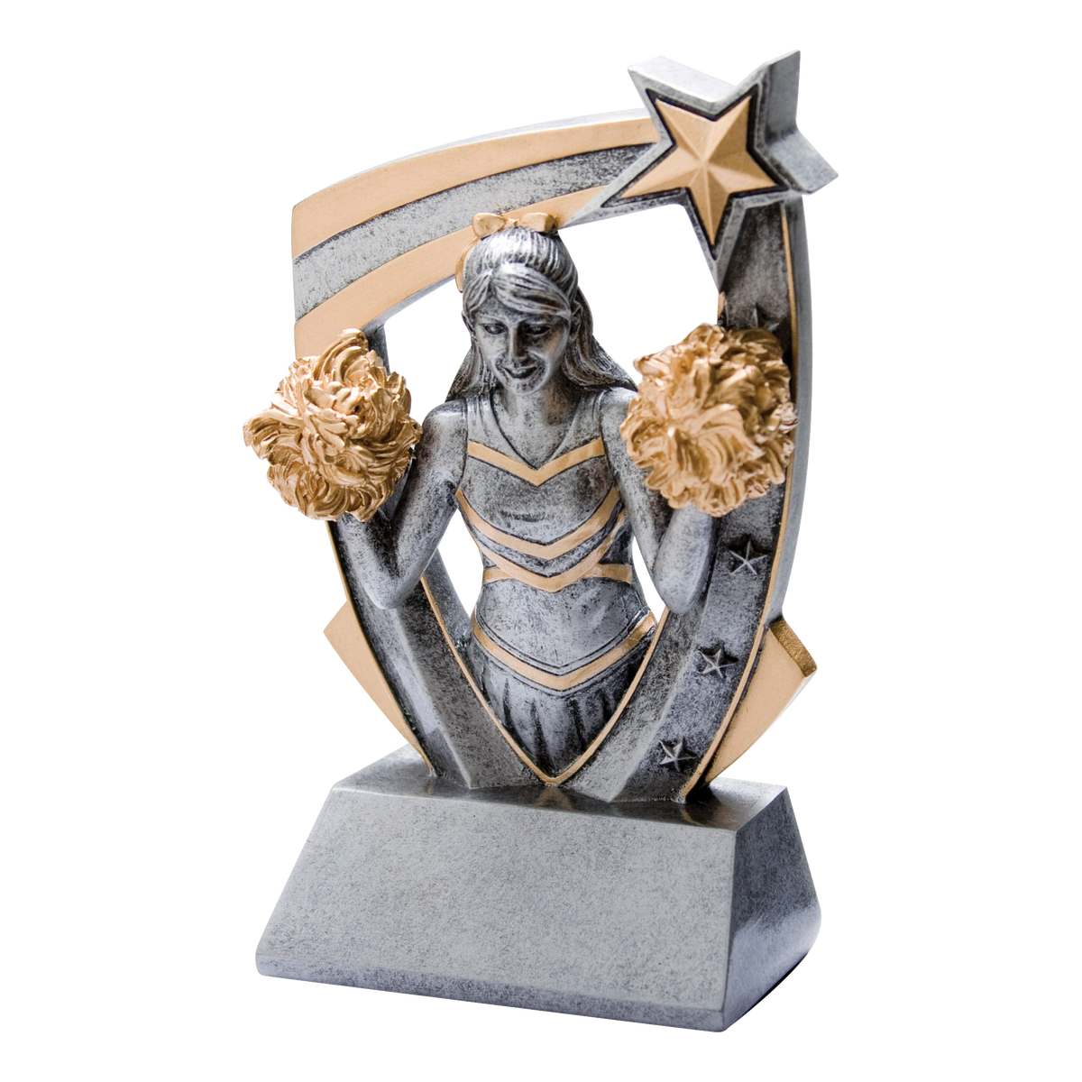 Pewter and gold resin cheer trophy with a cheerleader figure bursting from a star-studded backdrop, on an angled base with a blank engraving face