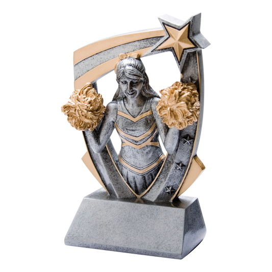 Pewter and gold resin cheer trophy with a cheerleader figure bursting from a star-studded backdrop, on an angled base with a blank engraving face