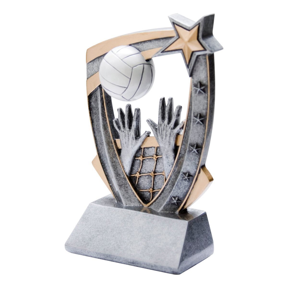 Pewter and gold resin volleyball trophy with a player figure bursting from a star-studded backdrop, on an angled base with a blank engraving face