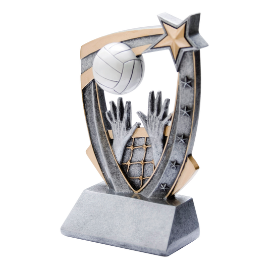 Pewter and gold resin volleyball trophy with a player figure bursting from a star-studded backdrop, on an angled base with a blank engraving face