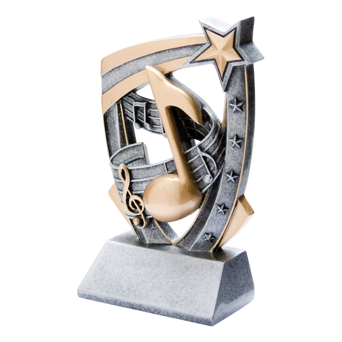 Pewter and gold resin music trophy with sculpted notes bursting from a star-studded backdrop, on an angled base with a blank engraving face