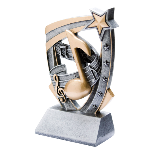 Pewter and gold resin music trophy with sculpted notes bursting from a star-studded backdrop, on an angled base with a blank engraving face