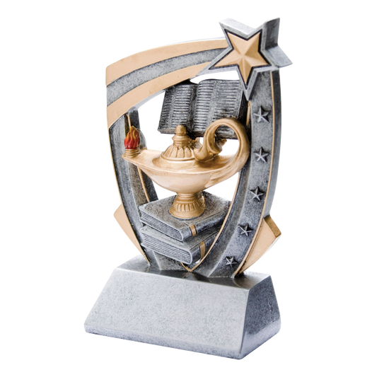 Pewter and gold resin academic trophy with a sculpted knowledge emblem bursting from a star-studded backdrop, on an angled base with a blank engraving face