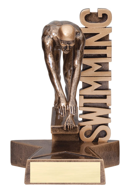 Male swimming billboard trophy, 6½ inch, swimmer on starting block in front of SWIMMING lettering