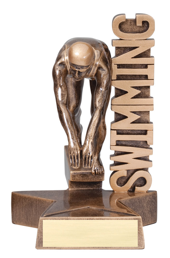 Female swimming billboard trophy, 6½ inch, swimmer on starting block in front of SWIMMING lettering