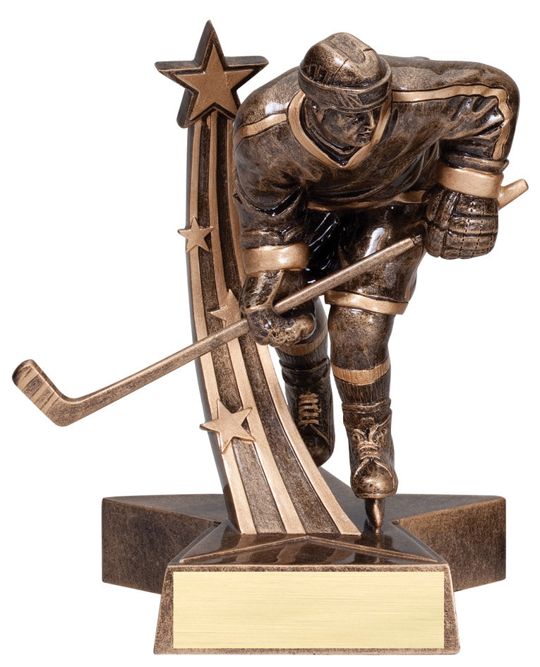 SuperStar hockey trophy, 6.5 inch, player with shooting stars in antique bronze