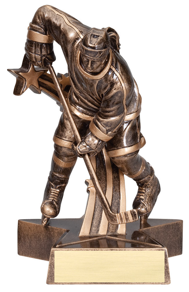 Female SuperStar hockey trophy, 6.5 inch, female player with shooting stars