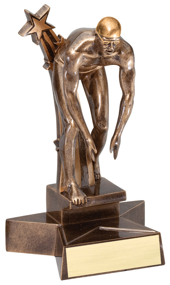 SuperStar male swimming trophy, 6½ inch, swimmer in racing start with shooting star