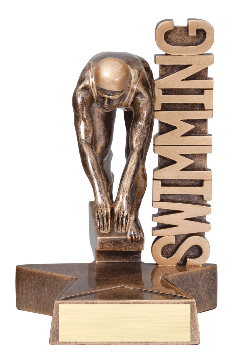 Female swimming billboard trophy, 8½ inch, swimmer on starting block in front of SWIMMING lettering